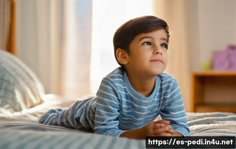 아이들의 다발성 관절염 증상과 치료 - **Prompt:** A cozy, softly lit bedroom in the early morning. A child, approximately 7-8 years old, i...