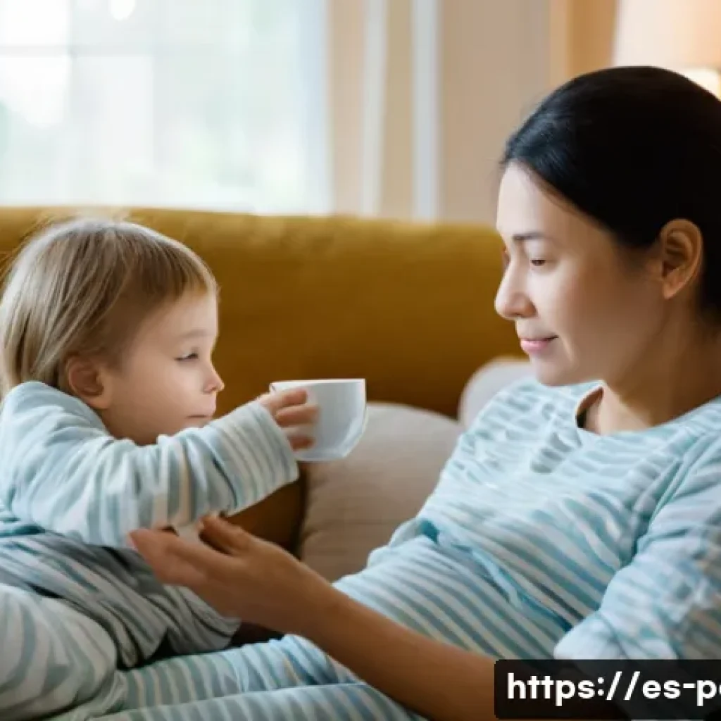 소아 위염과 복통의 관계 - **Prompt 1: Comforting a Child with a Stomach Ache at Home**
    "A cozy, softly lit living room sce...