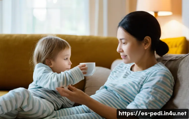 소아 위염과 복통의 관계 - **Prompt 1: Comforting a Child with a Stomach Ache at Home**
    "A cozy, softly lit living room sce...